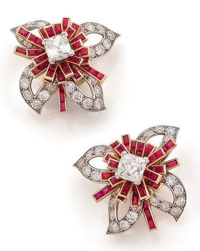 CARTIER Pair of flower-shaped ear clips composed of calibrated ruby and diamond lines...