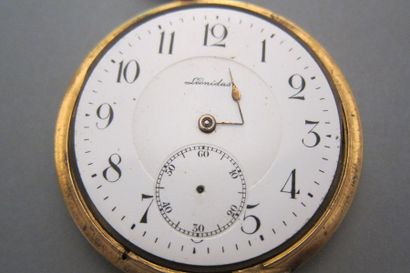 LEONIDAS. Vers 1900 Yellow gold soap pocket watch 750‰. Signed white enamelled dial,...