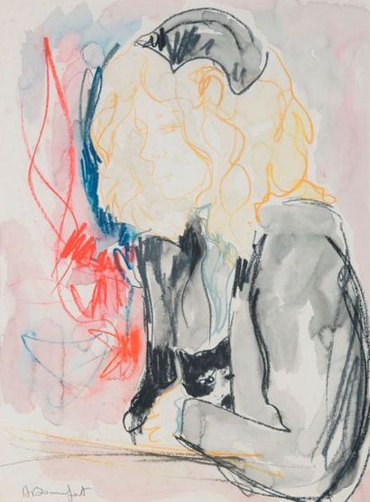 Alain BONNEFOIT (né en 1937) Femme au chat
Crayon de couleurs et aquarelle, signé...