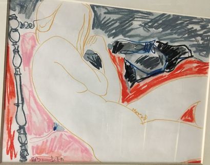 Alain BONNEFOIT (né en 1937) Nu adossé
Crayon gras et aquarelle sur papier, signé...