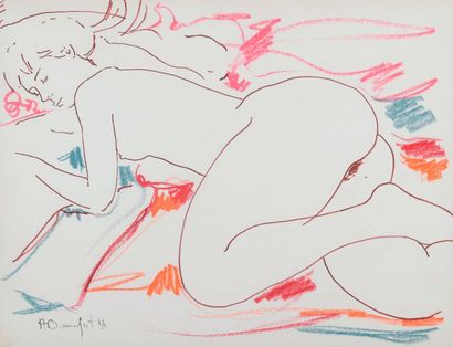 Alain BONNEFOIT (né en 1937) Nu allongé sur le ventre
Feutre et crayons de couleurs...