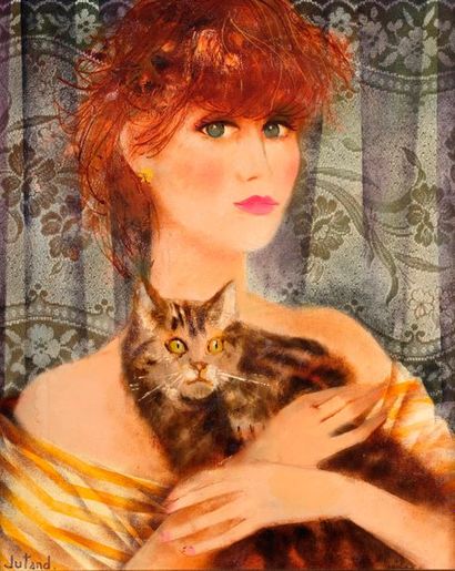 Pierre JUTAND (né en 1935) Jeune femme au chat
Huile sur toile signée en bas à gauche.
61...