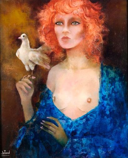 Pierre JUTAND (né en 1935) Jeune femme à la colombe
Huile sur toile signée en bas...