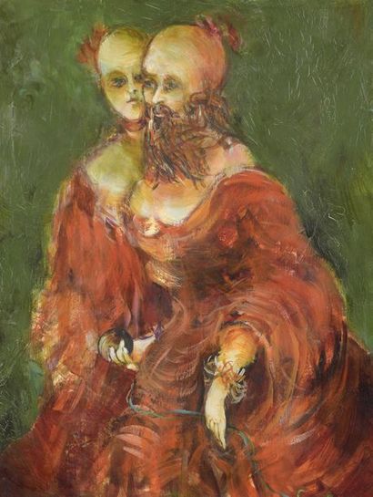 Eva DAVID (XXe siècle) Deux personnages en robe rouge
Huile sur papier signée en...