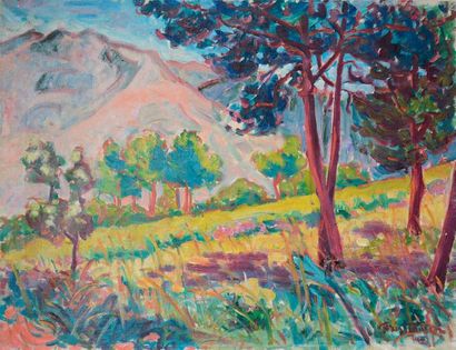 Hans CHRISTIANSEN (Flensburg 1866-1945 Wiesbaden) Paysage montagneux, 1943
Huile...