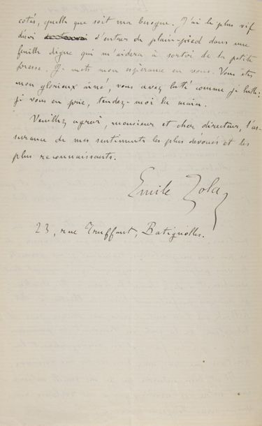 ZOLA Émile [Paris, 1840 - id., 1902], écrivain français Lettre autographe signée,...