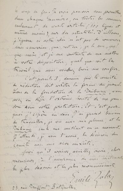ZOLA Émile [Paris, 1840 - id., 1902], écrivain français Lettre autographe signée,...