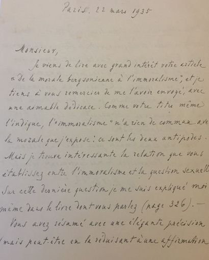 BERGSON Henri [Paris, 1859 - Paris, 1941], philosophe français Autograph letter signed...