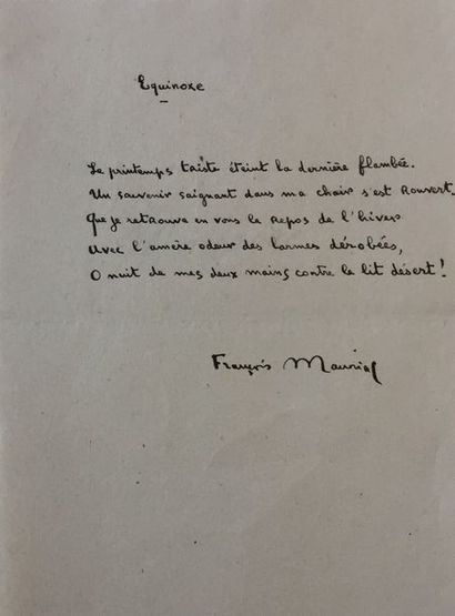 MAURIAC François [Bordeaux, 1885 - Paris, 1970], écrivain français Poème autographe...