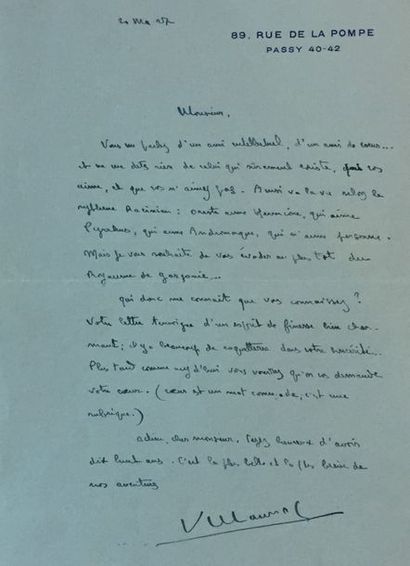 MAURIAC François [Bordeaux, 1885 - Paris, 1970], écrivain français Lettre autographe...