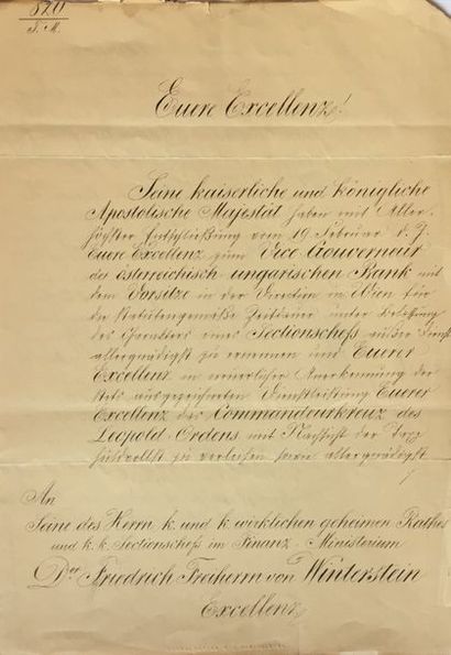 null ORDRE DE LÉOPOLD.
Lettre de nomination de l'Ordre de Léopold. Vienne, 22 février...