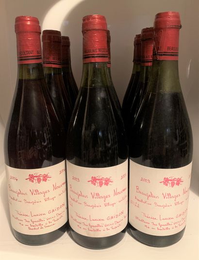  12 bottles of BEAUJOLAIS-VILLAGES NOUVEAU from Lucien Gaidon, 8 from 2003, 1 mid-shoulder,...