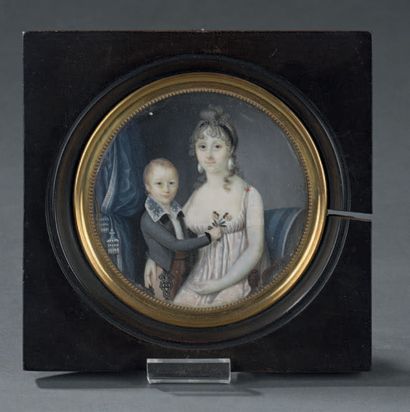 Pierre Charles CIOR (1769-1840) 
Jeune femme et son fils
Miniature ronde à la gouache,...