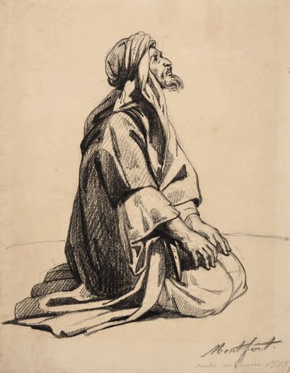 Antoine MONTFORT (1802-1884) 
Arabe en prière
Fusain sur papier signé, titré et daté...