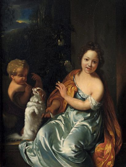École HOLLANDAISE vers 1680, entourage de Gaspar NETSCHER Femme jouant avec son chien
Panneau...