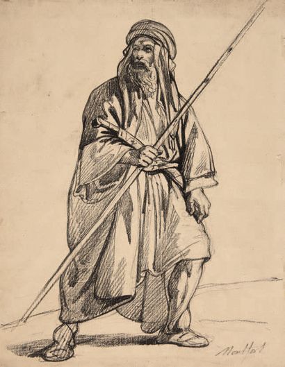Antoine MONTFORT (1802-1884) 
Guerrier arabe
Fusain sur papier signé en bas à droite.
Pli...