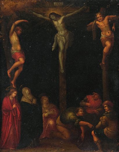 ÉCOLE FLAMANDE du début du XVIIe siècle 
La Crucifixion
Cuivre.
30 x 24 cm