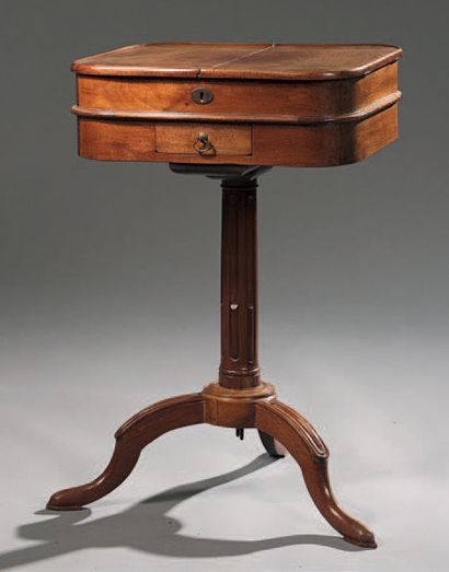 null Rare mahogany moulded pedestal table, the rectangular top with flaps revealing...