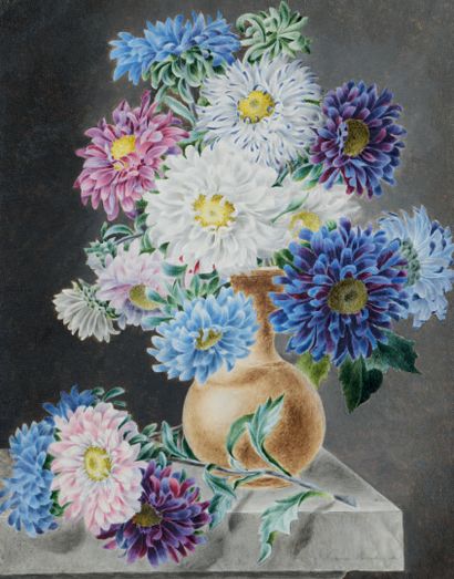 Louise PANCKOUCKE (active dans la première moitié du XIXe siècle) 
Vase de Dahlias
Gouache...