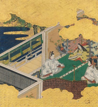 JAPON - XIXE SIÈCLE 
Encre et couleurs et feuille d'or sur papier en partie gaufré,...