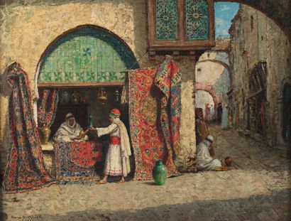 Addisson Thomas MILLAR (Bazetta 1860 -South Northwall 1913) 
Vue du Bazar d'Alger
Toile.
36...