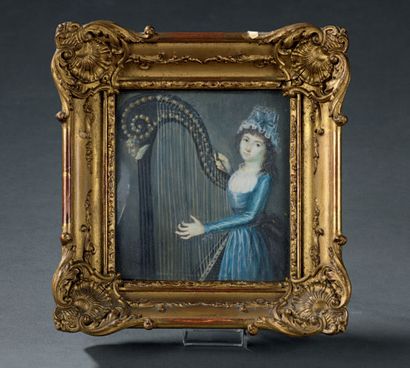 ÉCOLE FRANÇAISE de la fin du XVIIIe ou du début du XIXe siècle 
La Harpiste
Miniature...