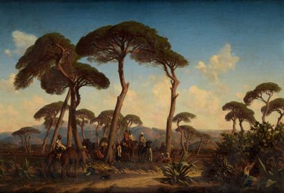 Prosper Georges Antoine MARILHAT (1811-1847) 
La Halte
Huile sur toile, signée en...