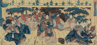 UTAGAWA TOYOKUNI III (1786-1865) 
Triptyque oban tate-e, scène de danse de Sambaso,...