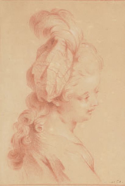 Ecole Italienne du XVIIIe siècle 
Femme de profil au turban
Sanguine.
27 x 18,5 ...