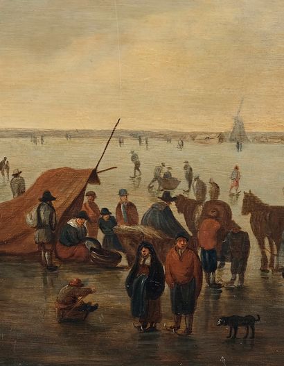 Attribué à Willem KOOL (1608-1666) 
Paysans sur la glace
Panneau collé sur un panneau...