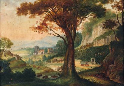 Ecole Flamande du XVIIIe siècle 
Landscape with pickers
Copper.
33 x 47 cm
Resto...