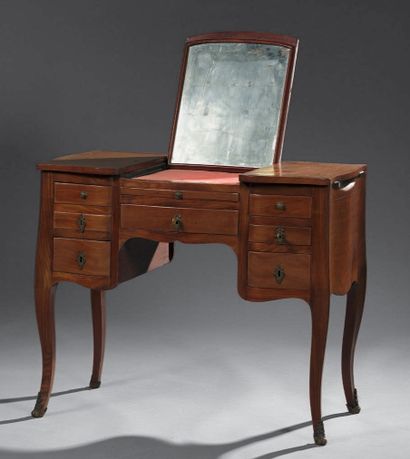 null Solid mahogany dressing table with three flaps opening on top and four boxed...