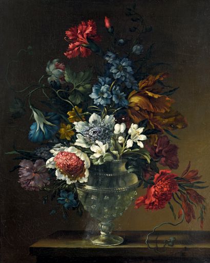 Simon HARDIME (Anvers 1664-1737) 
Vase de fleurs
Toile.
81 x 66 cm
Restaurations,...