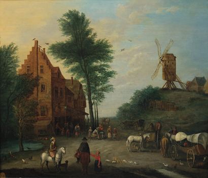 ATTRIBUE A JOSEPH VAN BREDAEL (1688-1739) 
Paysage de village avec moulin à vent
Cuivre.
31...
