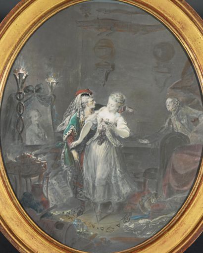 Attribué à Pierre Antoine BEAUDOIN (1723-1769) 
Louis XV et la sorcière
Gouache ovale.
34...