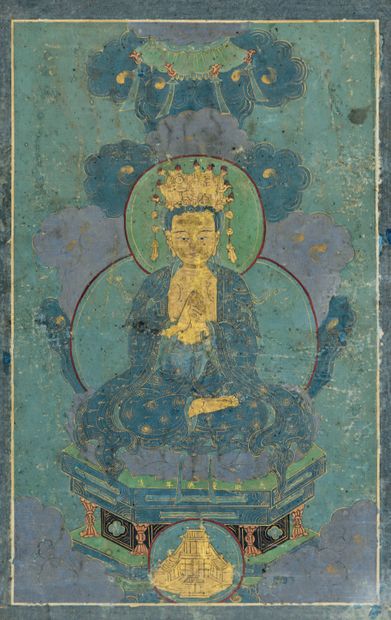 TIBET - XVIIIe siècle 
Tangka, détrempe sur toile bouddha assis en padmasana les...