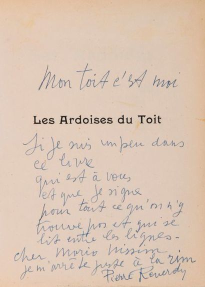 REVERDY, Pierre Les Ardoises du toit. Paris, Paul Birault, 1918. In-8, (50) ff.,...