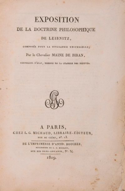 MAINE DE BIRAN Exposition de la doctrine philosophique de Leibnitz. Paris, L. G....