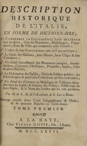 [LA MARRE, Marie-Jeanne de] Historical description of Italy in dictionary form. La...