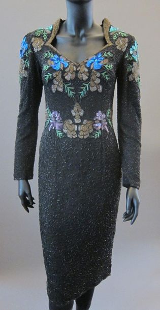 null Black tulle dress entirely embroidered with multicolored pearls and sequins...
