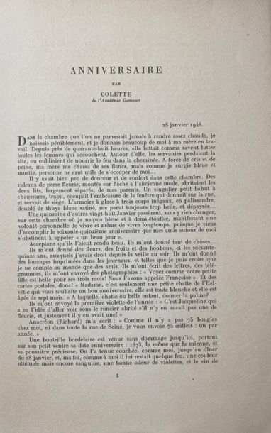 null [COLETTE] - Anniversaire, par Colette (suivi de :) Colette parle, par Jean Cocteau...