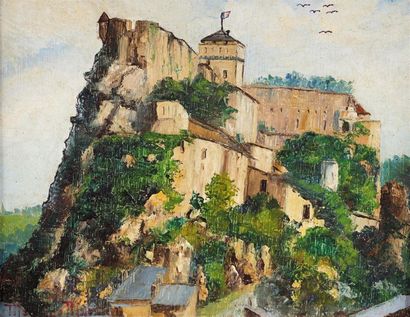 null MAURICE-MARTIN (1894-1978) Le Château fort de Lourdes Huile sur isorel signée...
