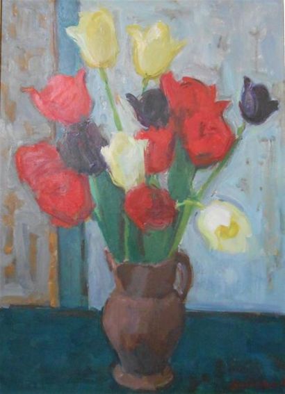null André GUINEBERT (1902-?) "Bouquet de tulipes" Huile sur toile signée en bas...