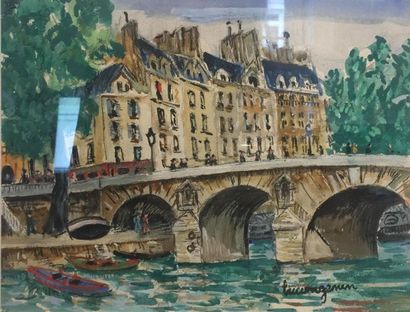 null Lucien GENIN (1894-1953) Le Pont neuf Gouache sur papier, signée en bas à droite...