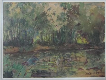 null Ecole moderne "Etang" aquarelle, signée en bas à droite P. Achille, daté 1959...