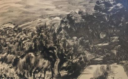 null Pierre DIONISI ( 1904-1970) Paysage méditerranéen Vue des toits dans la forêt...