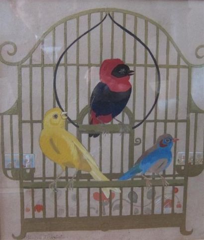 null Pierre THIRIOT (1904-1991) Perruches à la cage dorée Gouache et aquarelle Signé...