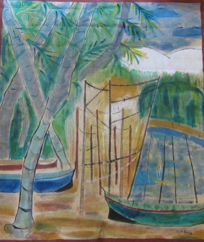 null Marcel BASLER (1917) Barques sur la plage Peinture sur tissu, signée en bas...