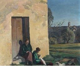 null Jean MARCHAND (1883-1940) Deux femmes sur le pas de la porte Huile sur toile....