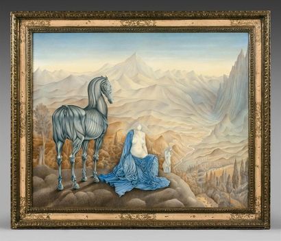 null Ecole surréaliste "Femme et cheval dans un paysage de montagnes" Huile sur toile...